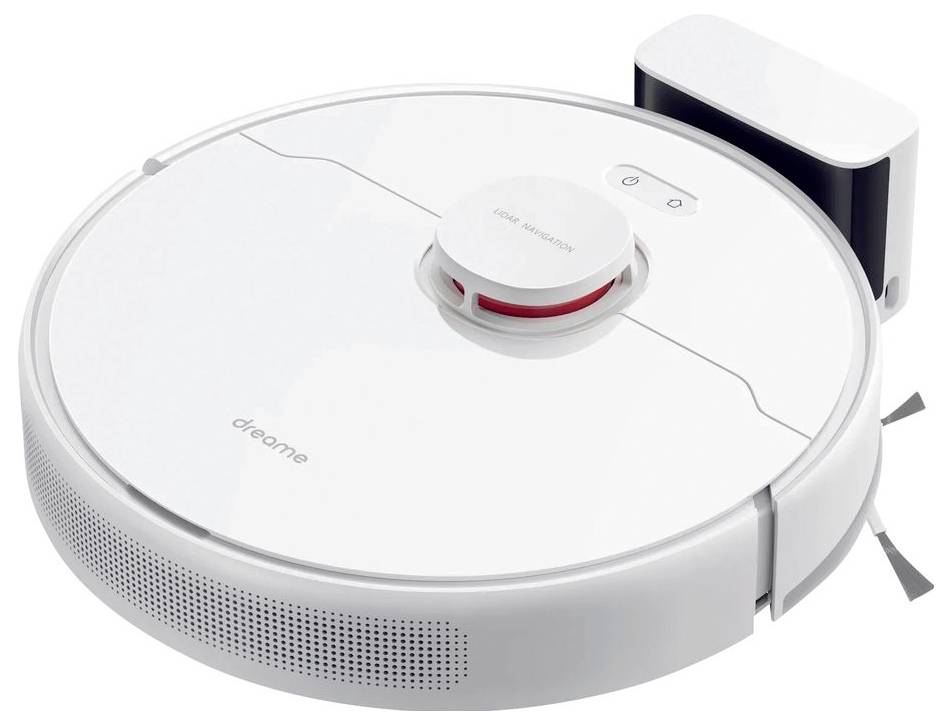 Bel sesalni robot okrogle oblike z napajalno postajo. Na vrhu ima nameščene senzorje.