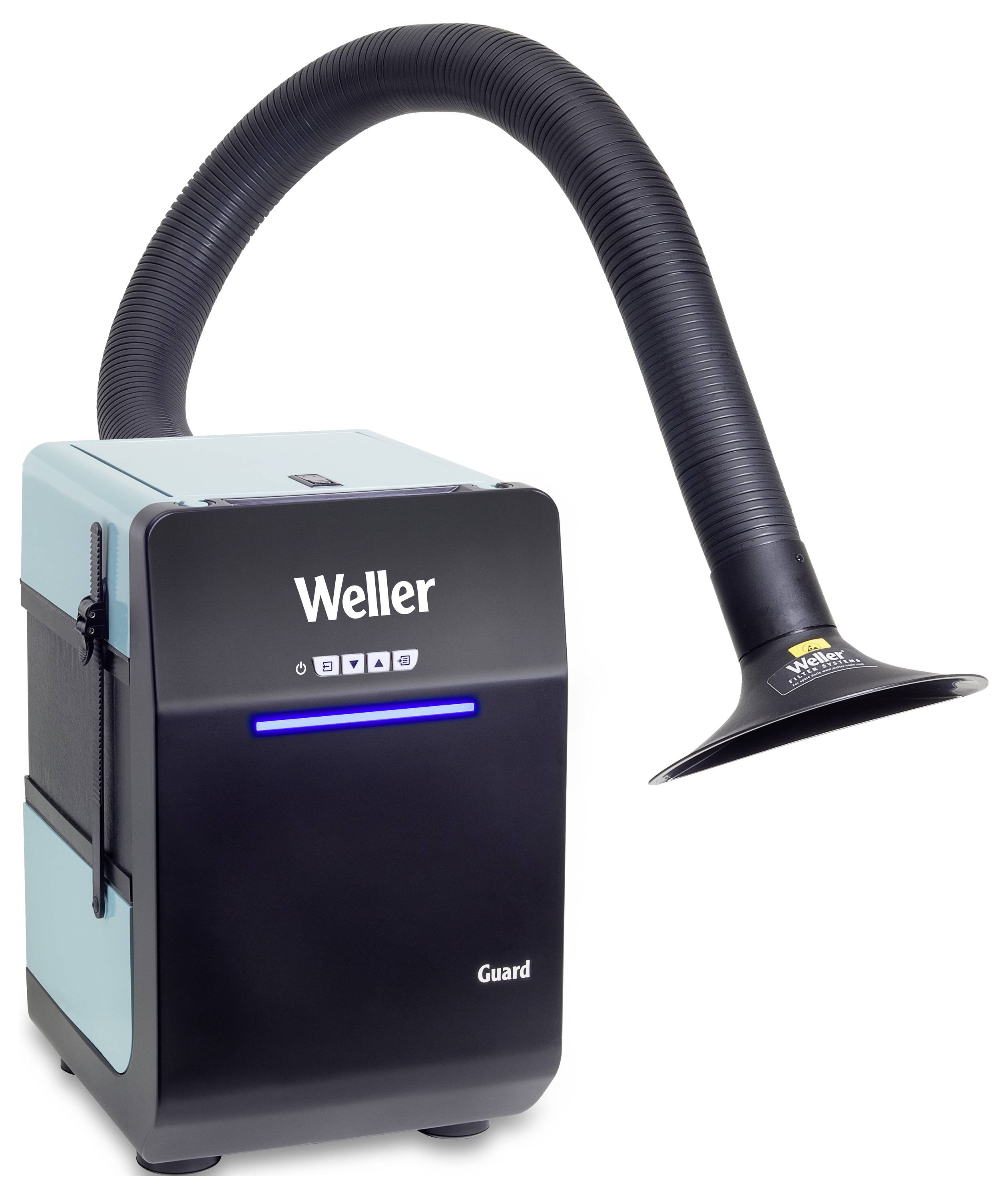Moder Weller Guard sesalni sistem za dim s fleksibilnim črnim cevom, idealen za odstranjevanje hlapov v delavnicah.