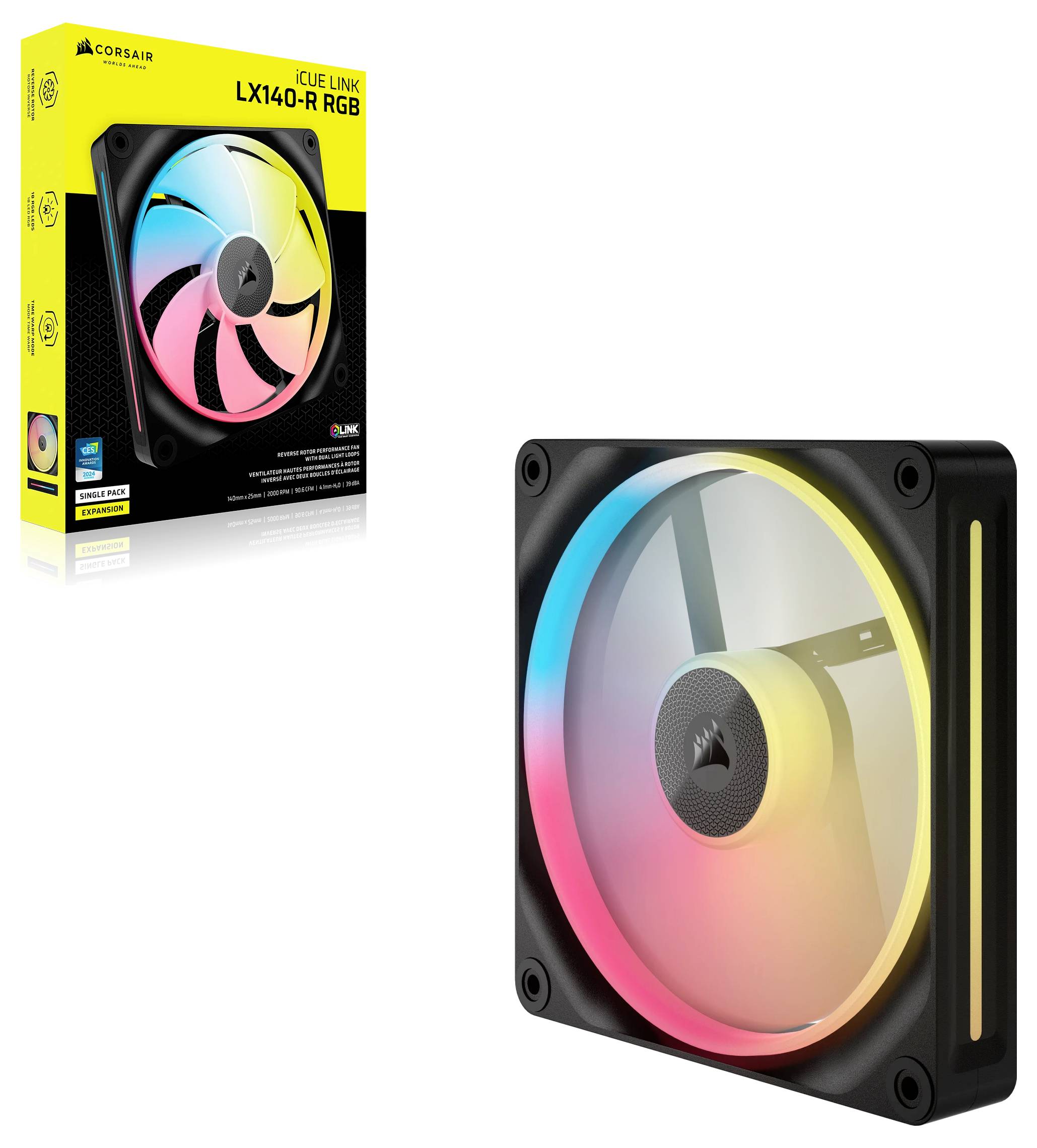 RGB računalniški ventilator z osvetljenimi rezili, embalaža izdelka v ozadju, prikazuje blagovno znamko "Corsair" in model "iCUE LINK LX140-R".
