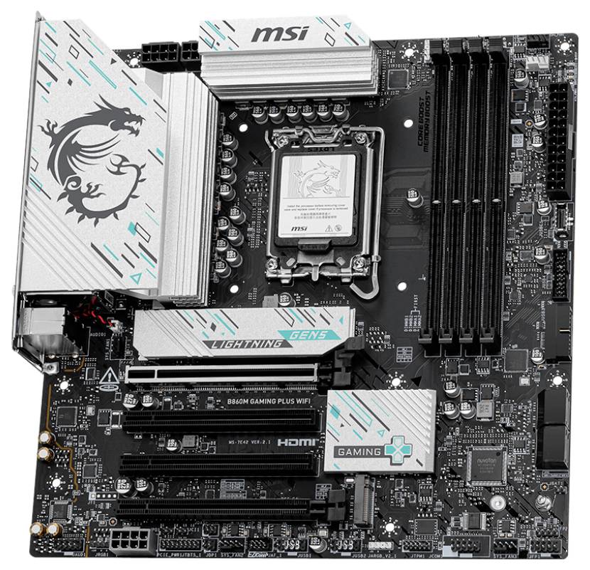 MSI-matična plošča, model B660M Gaming Plus WiFi, z več PCIe režami, režami za RAM in hladilniki.