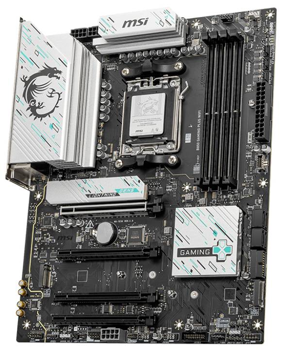 Računalniška matična plošča MSI z črno-srebrnim dizajnom in več režami za komponente, primerna za gaming računalnike.