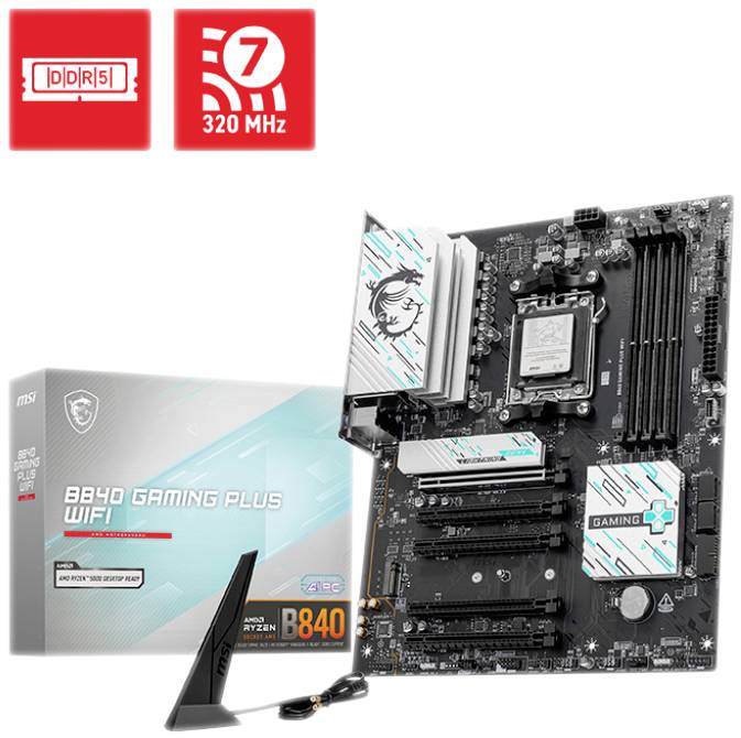 Matična plošča MSI B840 Gaming Plus WiFi, ki podpira DDR5 in 320 MHz, prikazana z embalažo in ločeno anteno.