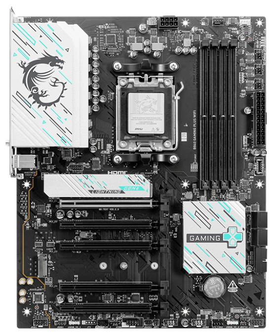 Črna gaming matična plošča z belimi in turkiznimi poudarki, več PCIe režami in režami za RAM.