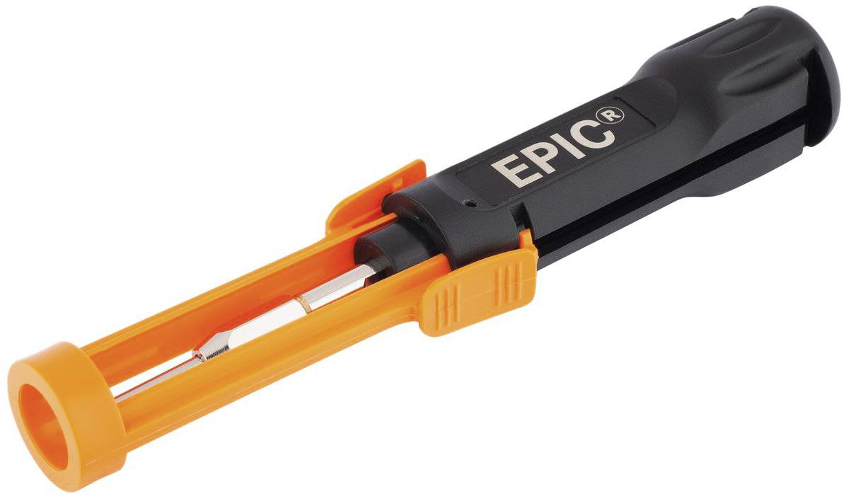 Črno ohišje z oranžno zaščito za medicinsko injekcijsko napravo z napisom 'EPIC'.