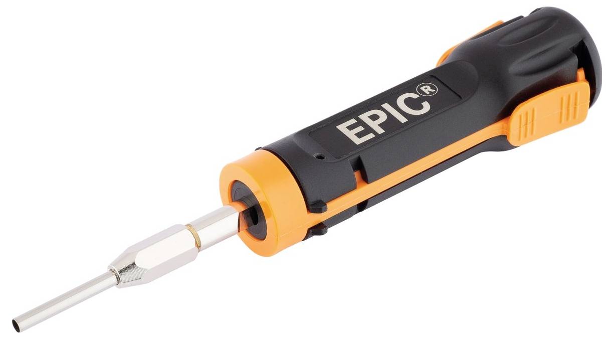 Električni izvijač z ohišjem v oranžno-črni barvi in napisom 'EPIC'.