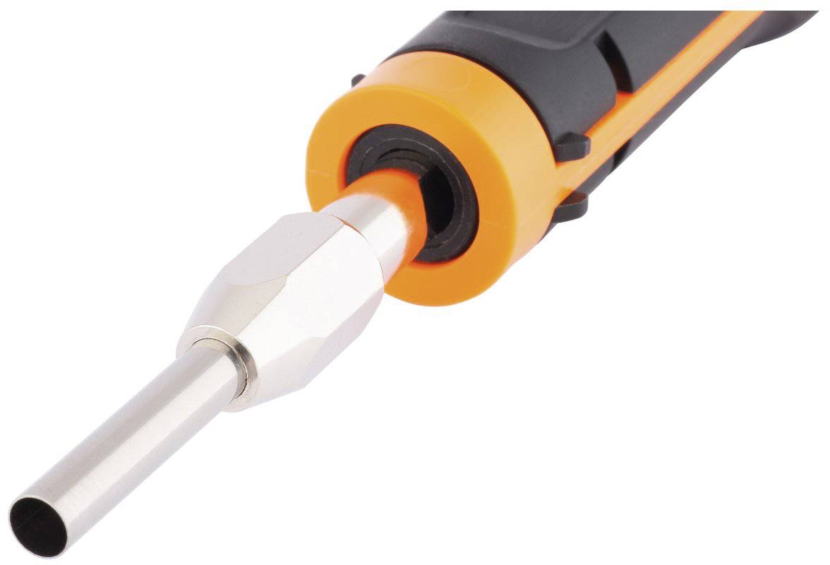 Spajkalna žica z oranžno-črnim ročajem in kovinsko konico, primerna za spajkanje elektronskih komponent.