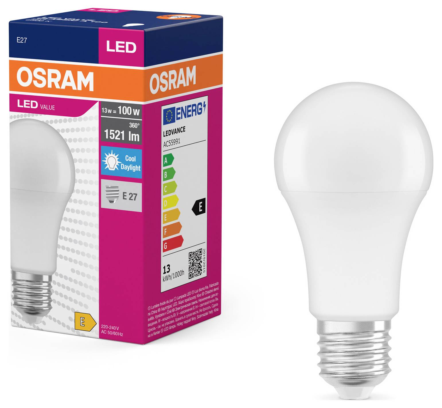 OSRAM LED žarnica poleg svoje embalaže, ki navaja 13 W, 1521 lm, podnožje E27 in energijski razred E.