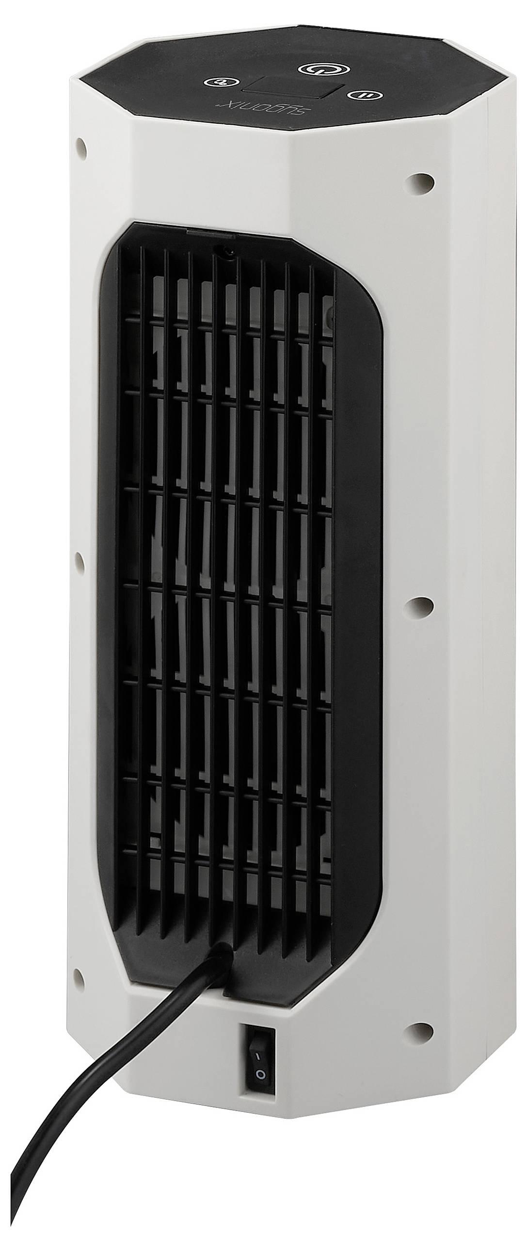 Stolpen električni grelnik z ventilatorjem v beli barvi s črno rešetko spredaj in priključnim kablom spodaj.