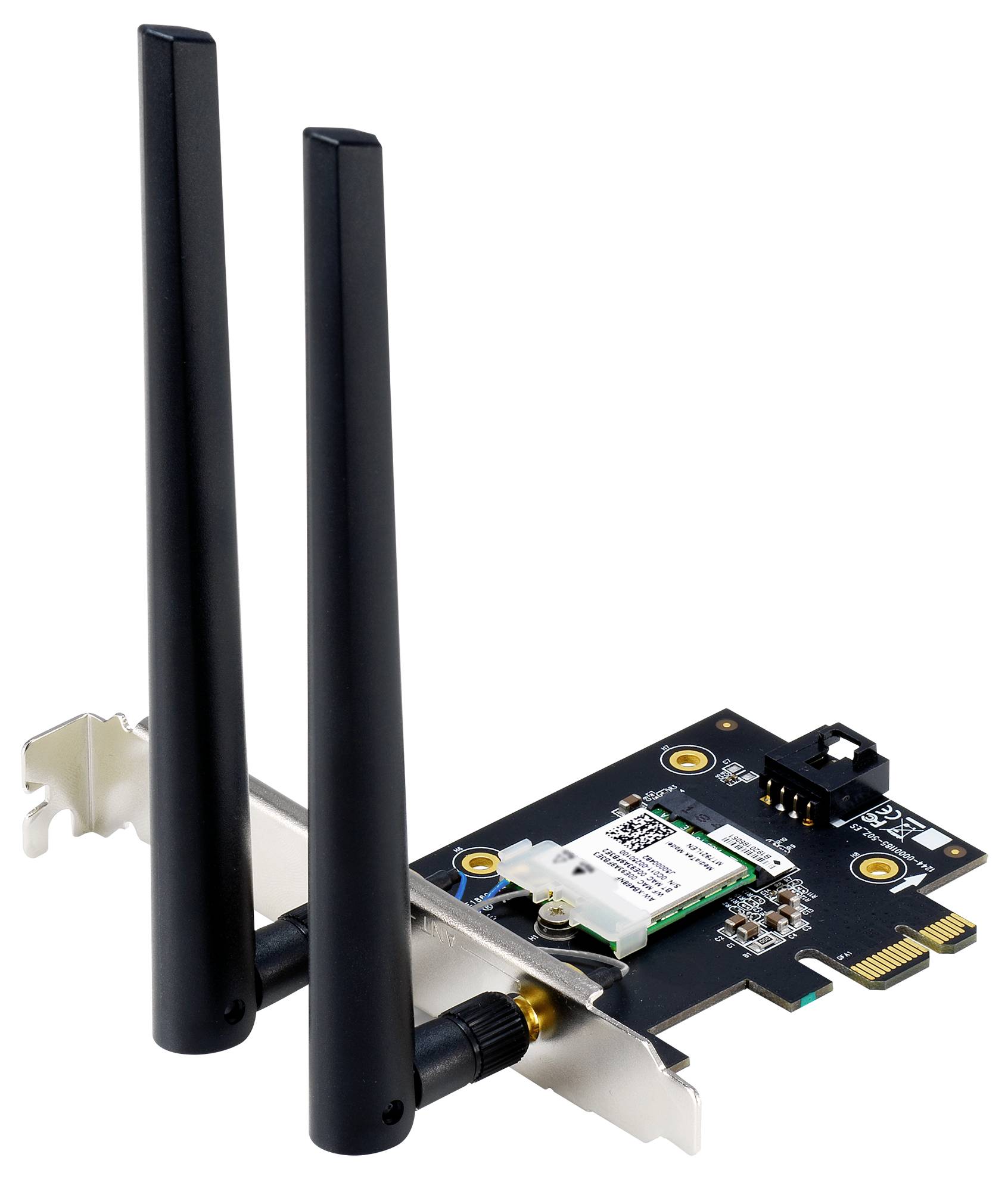 PCIe WLAN kartica z dvema antenama, primerna za namizne računalnike. Omogoča brezžično internetno povezavo preko namestitve v računalnik.
