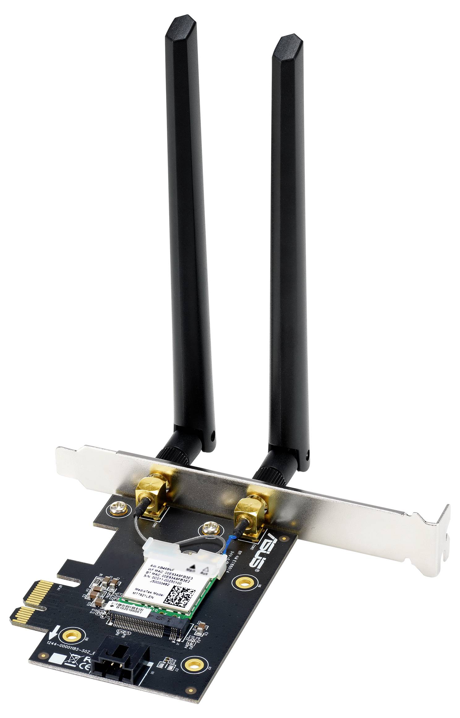 PCIe WLAN kartica z dvema antenama za brezžične omrežne povezave. Anteni sta postavljeni pokončno.