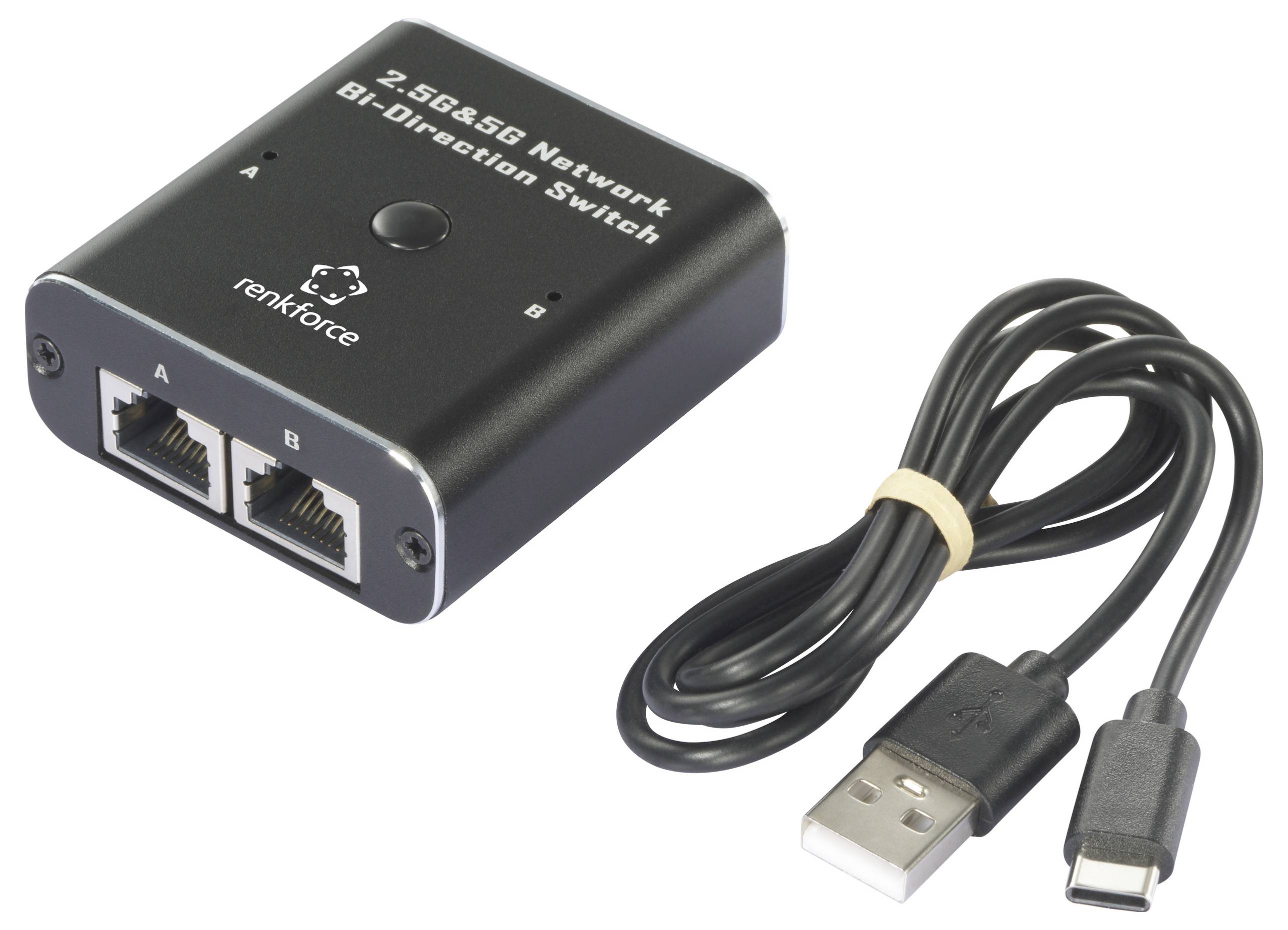 Omrežno stikalo z dvema ethernetskima priključkoma in USB kablom. Oznaka: '2.5G&5G omrežno dvosmerno stikalo'.