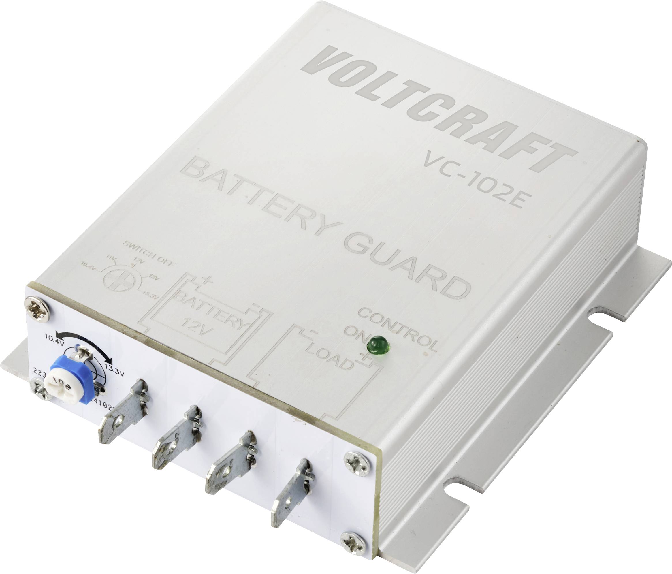Siva naprava z napisom 'Voltcraft VC-102E Battery Guard', zeleno kontrolno lučko in priključnimi sponkami na sprednji strani.