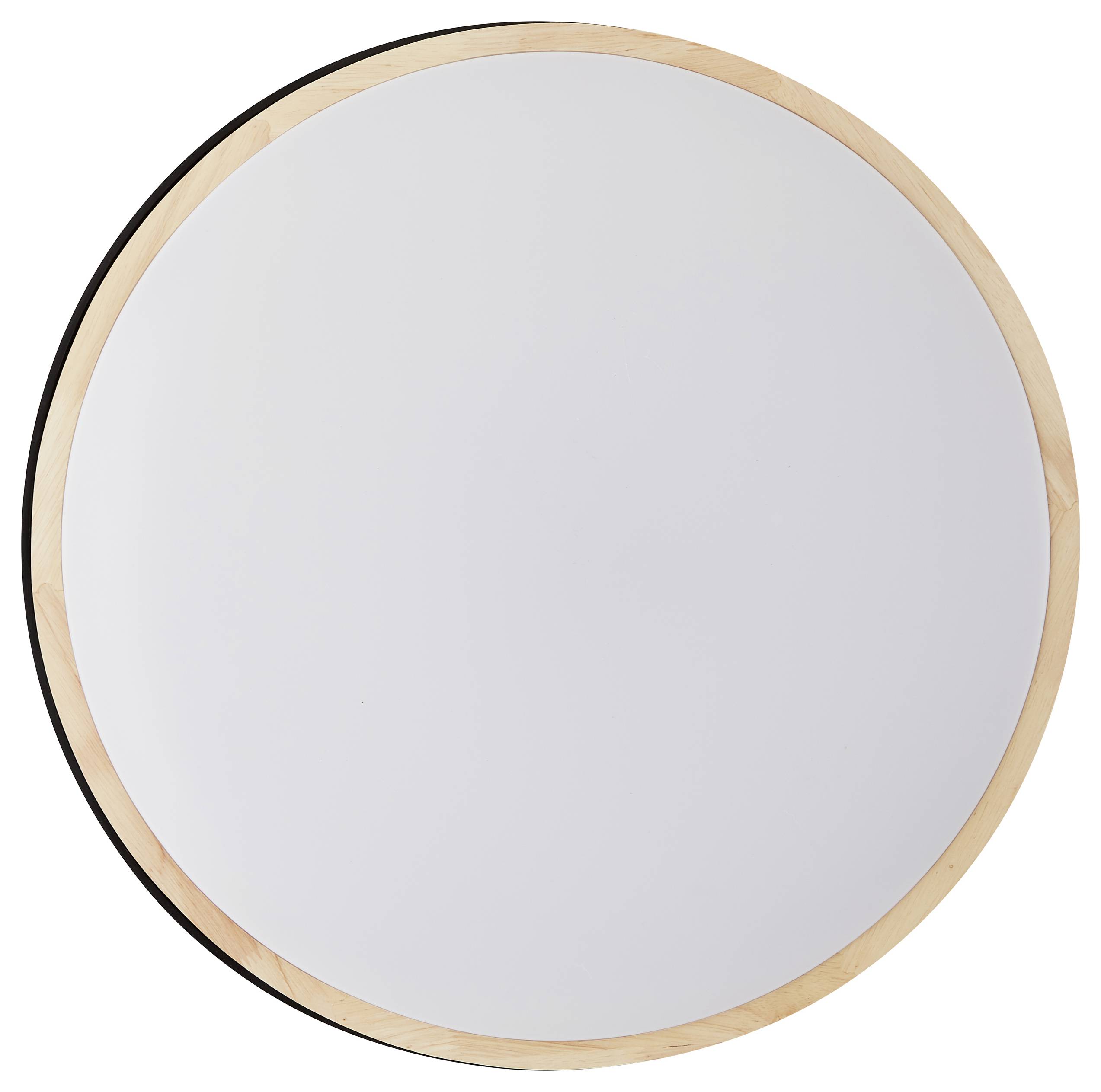 Okroglo ogledalo z lesenim okvirjem. Okvir je preprost in svetel, postavljen okoli jasnega ogledala.