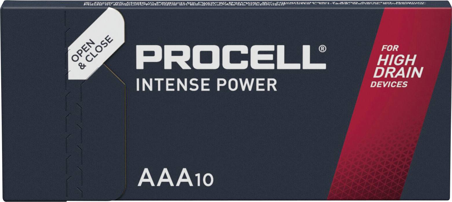 Baterijski paket z napisom 'Procell Intense Power AAA10' in opombo 'Za naprave z visoko porabo'. Levo zgoraj 'Odpri & Zapri'.