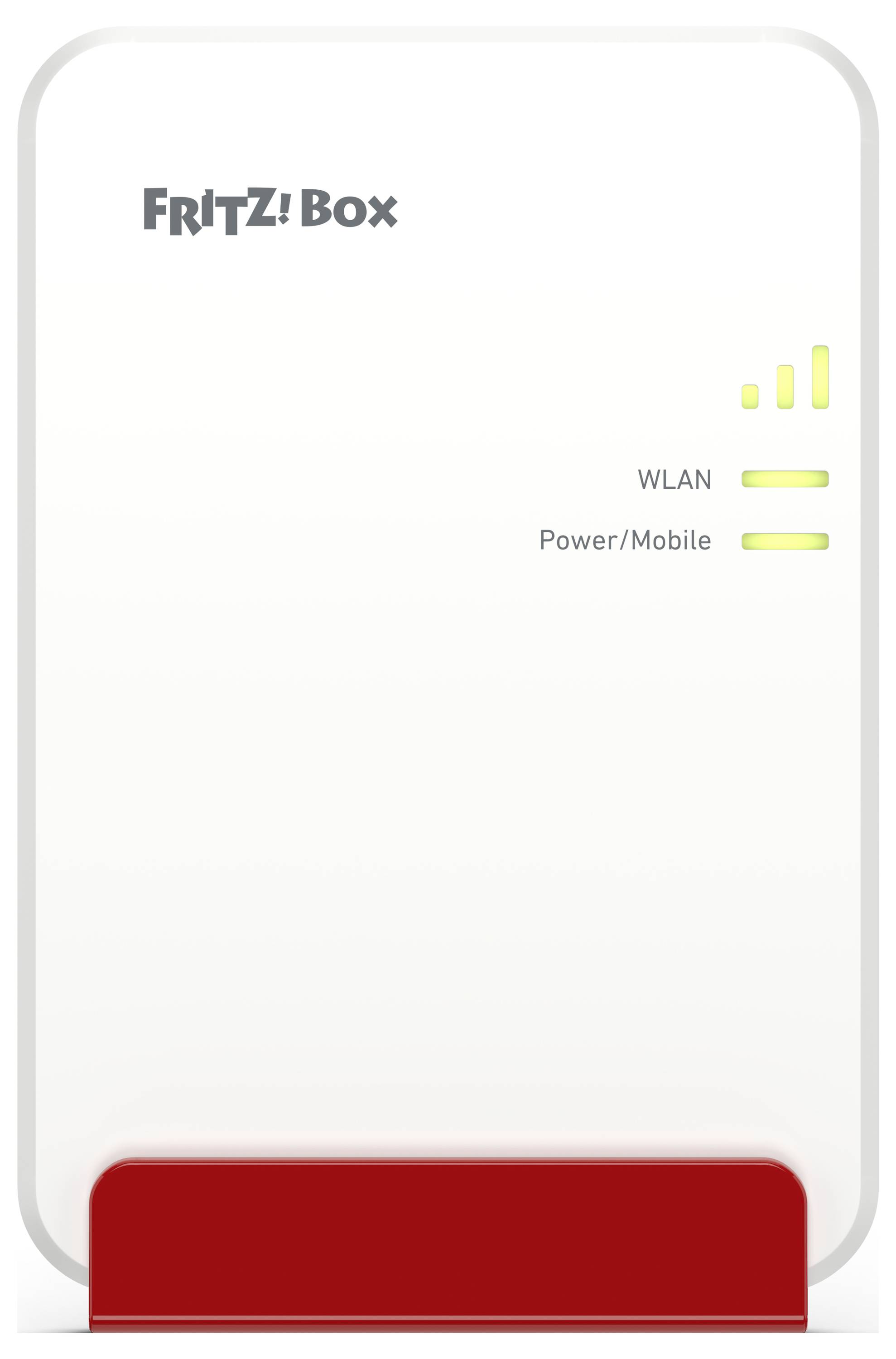 FRITZ!Box usmerjevalnik z osvetljenimi WLAN- in Power/Mobile-indikatorji na beli ohišju, rdeča osnova, svetleče zelene linije.