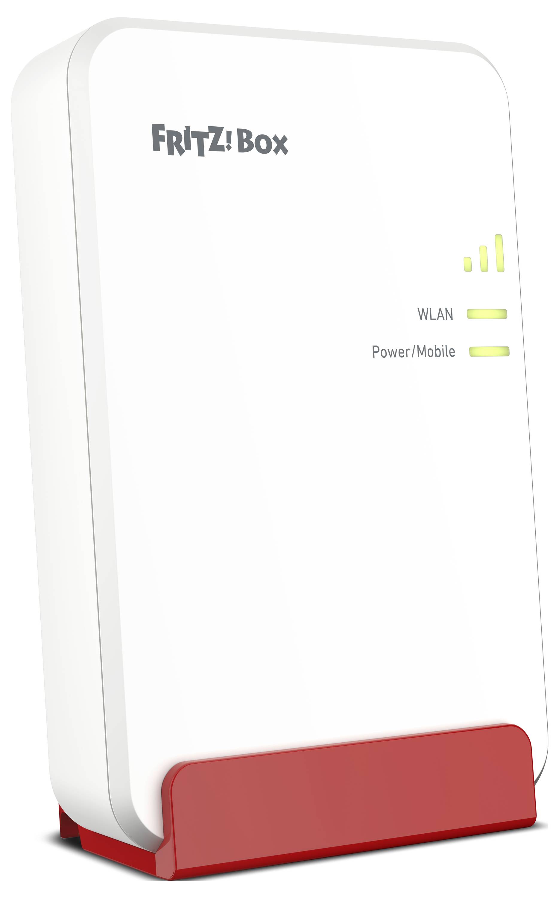 Bela FRITZ!Box z osvetljenimi WLAN- in Power/Mobile-indikatorji. Pokončno stoječa na rdečem podstavku.