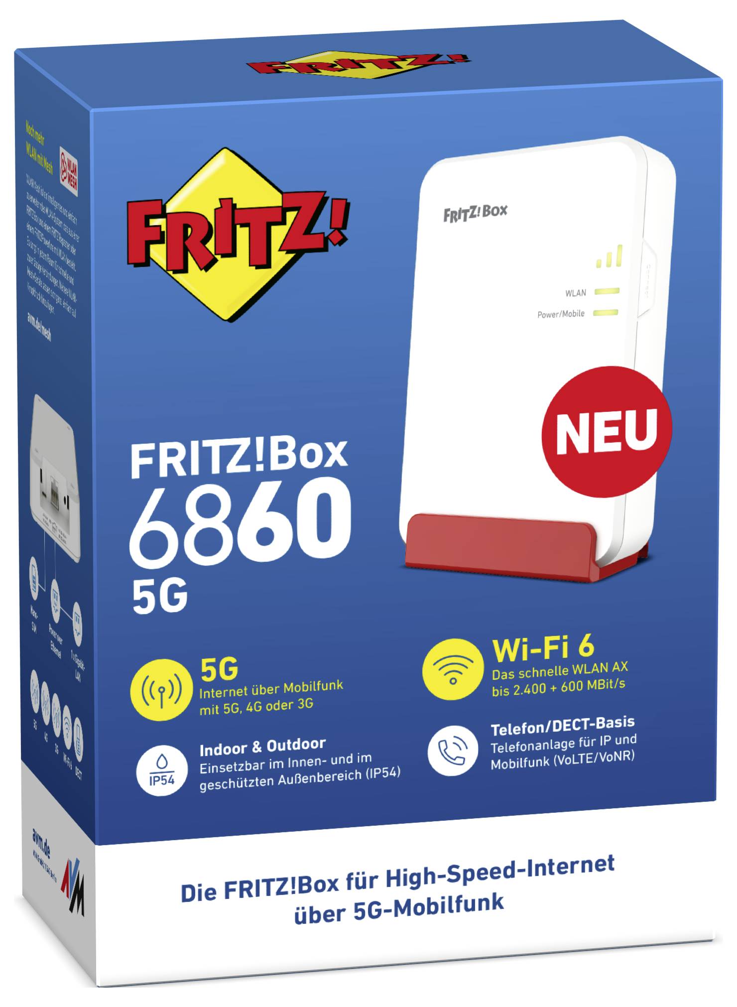 Embalaža prikazuje FRITZ!Box 6860 5G z značilnostmi, kot so podpora 5G, Wi-Fi 6, telefonska baza in uporaba v notranjih/zunanjih prostorih.