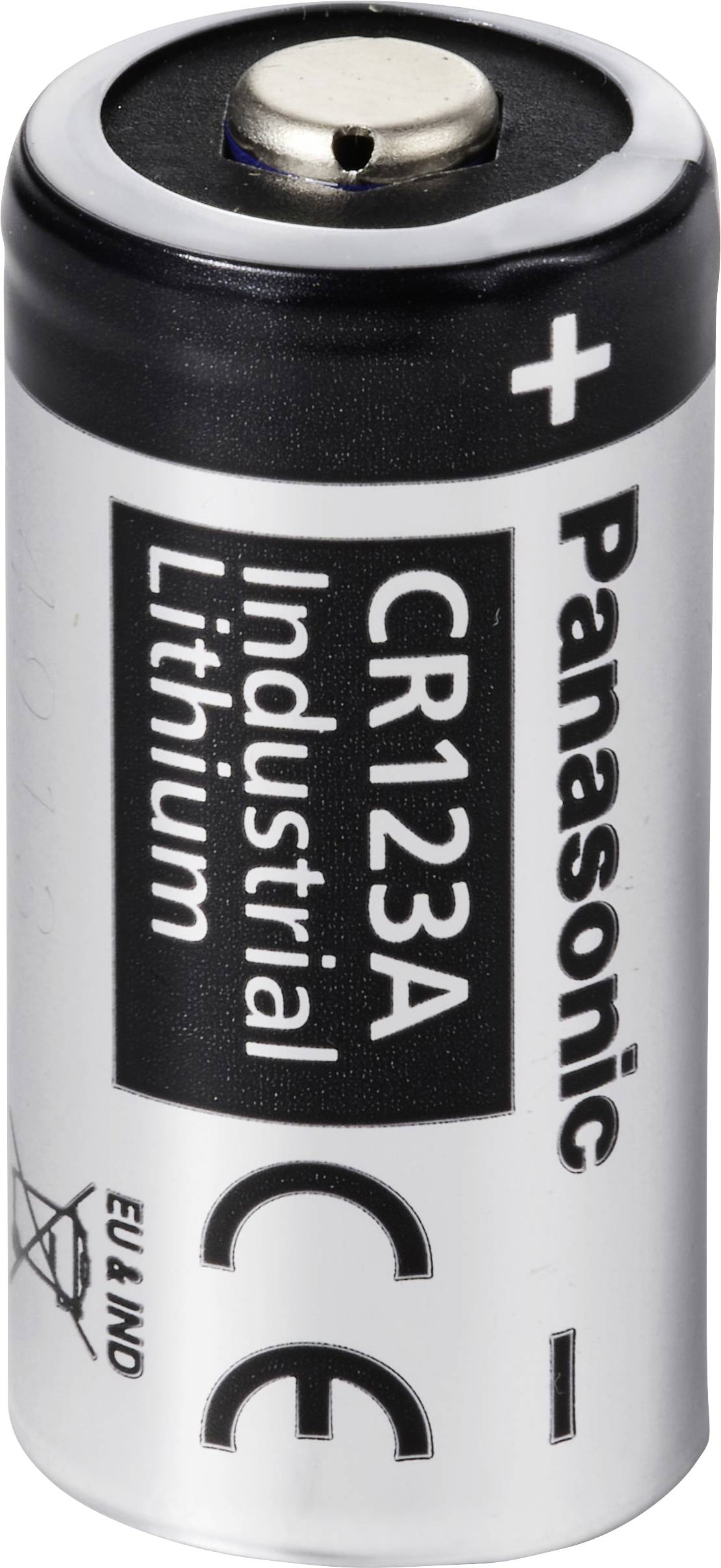 Litij-baterija Panasonic, model CR123A, z oznakama plus in minus pola ter oznako CE na ohišju.