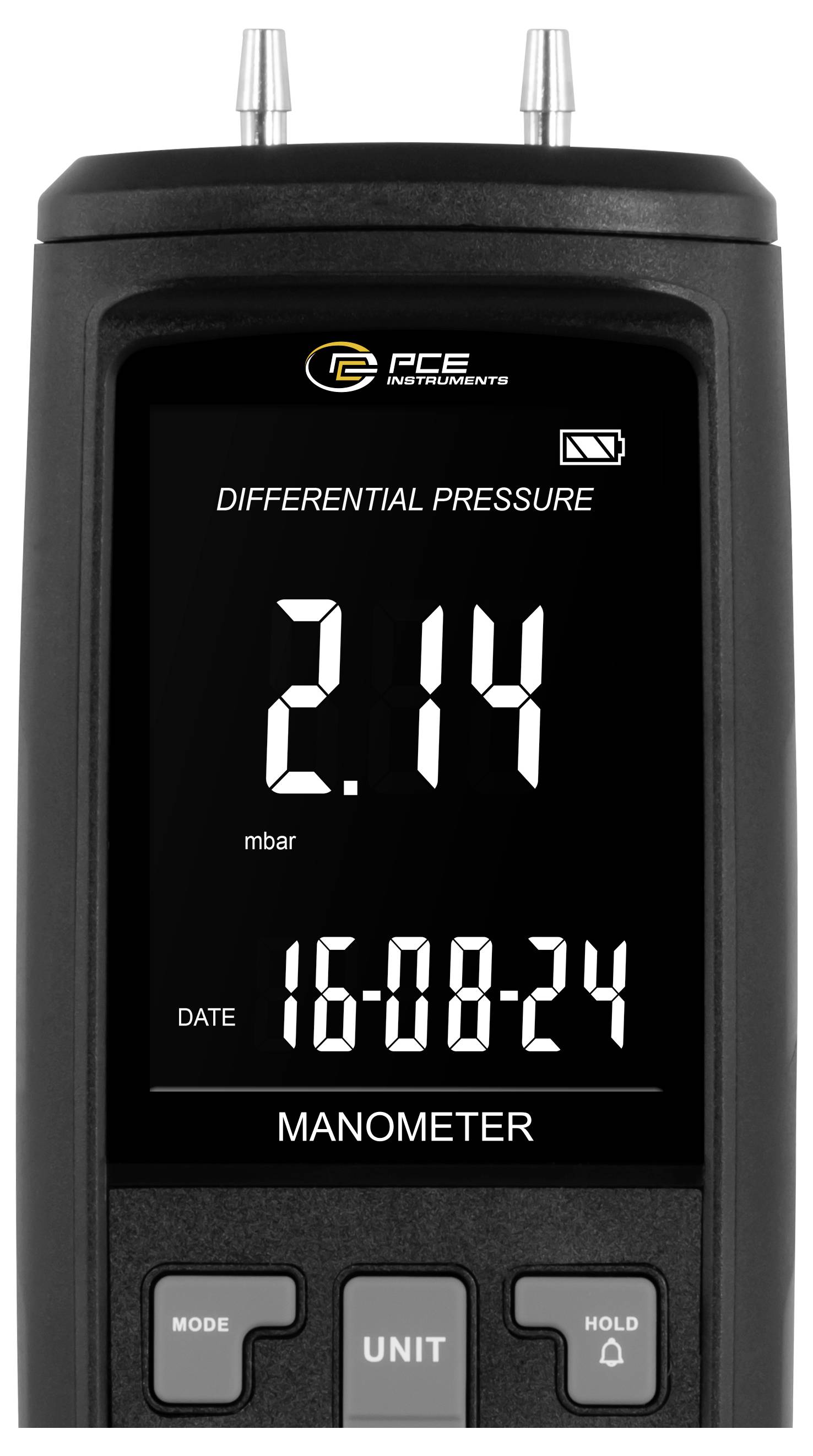 Prenosni digitalni manometer, ki na svojem zaslonu prikazuje diferenčni tlak 2,14 mbar in datum 16-08-24.