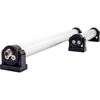 Dve beli LED-svetlobni letvi, postavljeni ena ob drugi na črnih nosilcih, z okroglimi priključki na koncih.