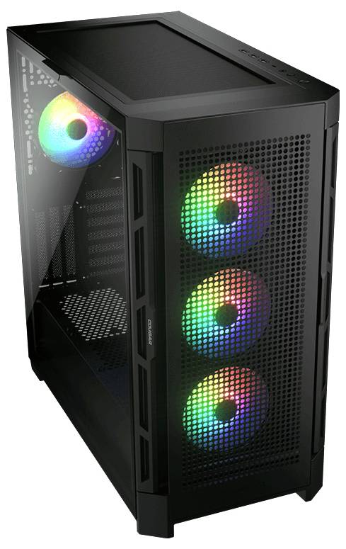 Črno računalniško ohišje s štirimi RGB-ventilatorji, tremi na sprednji strani in enim v notranjosti.