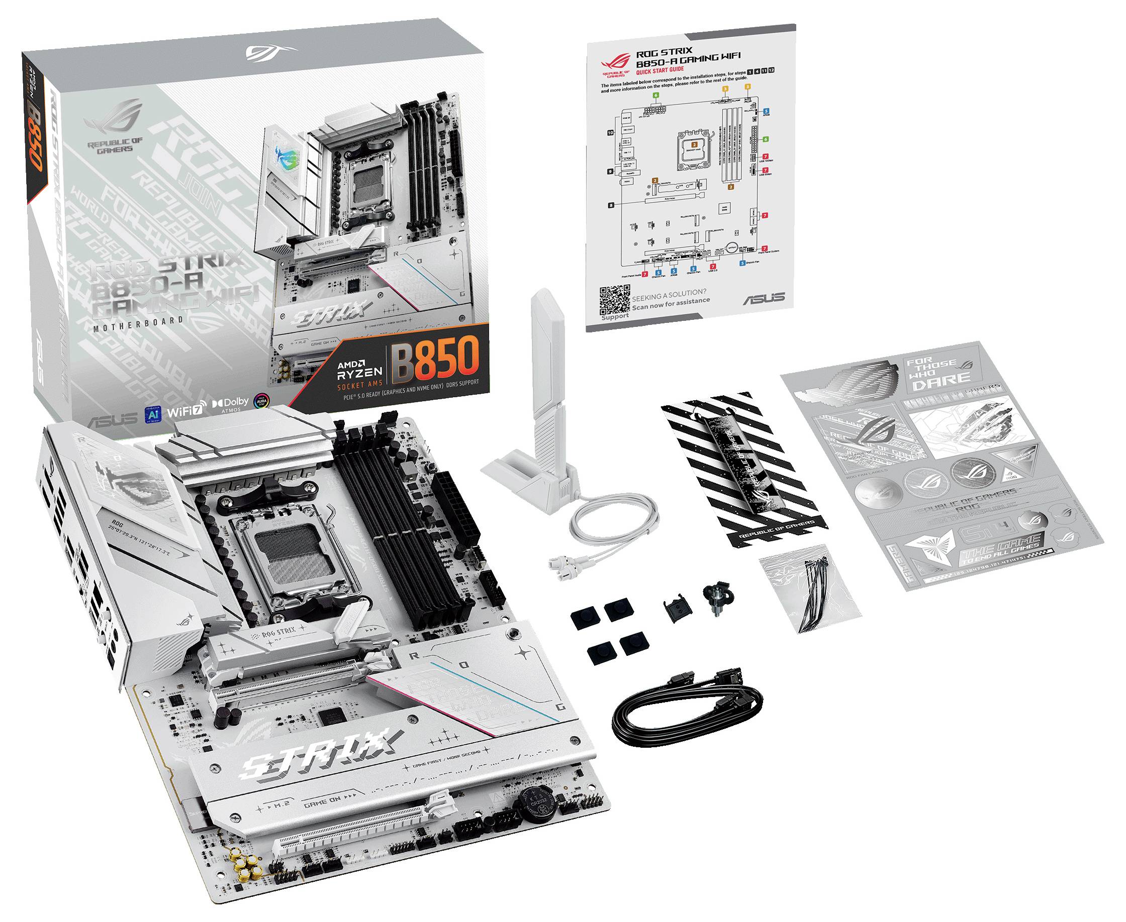 Matična plošča ROG Strix B850 komplet z anteno, kabli, navodili in nalepkami. Embalaža prikazuje funkcije in specifikacije.