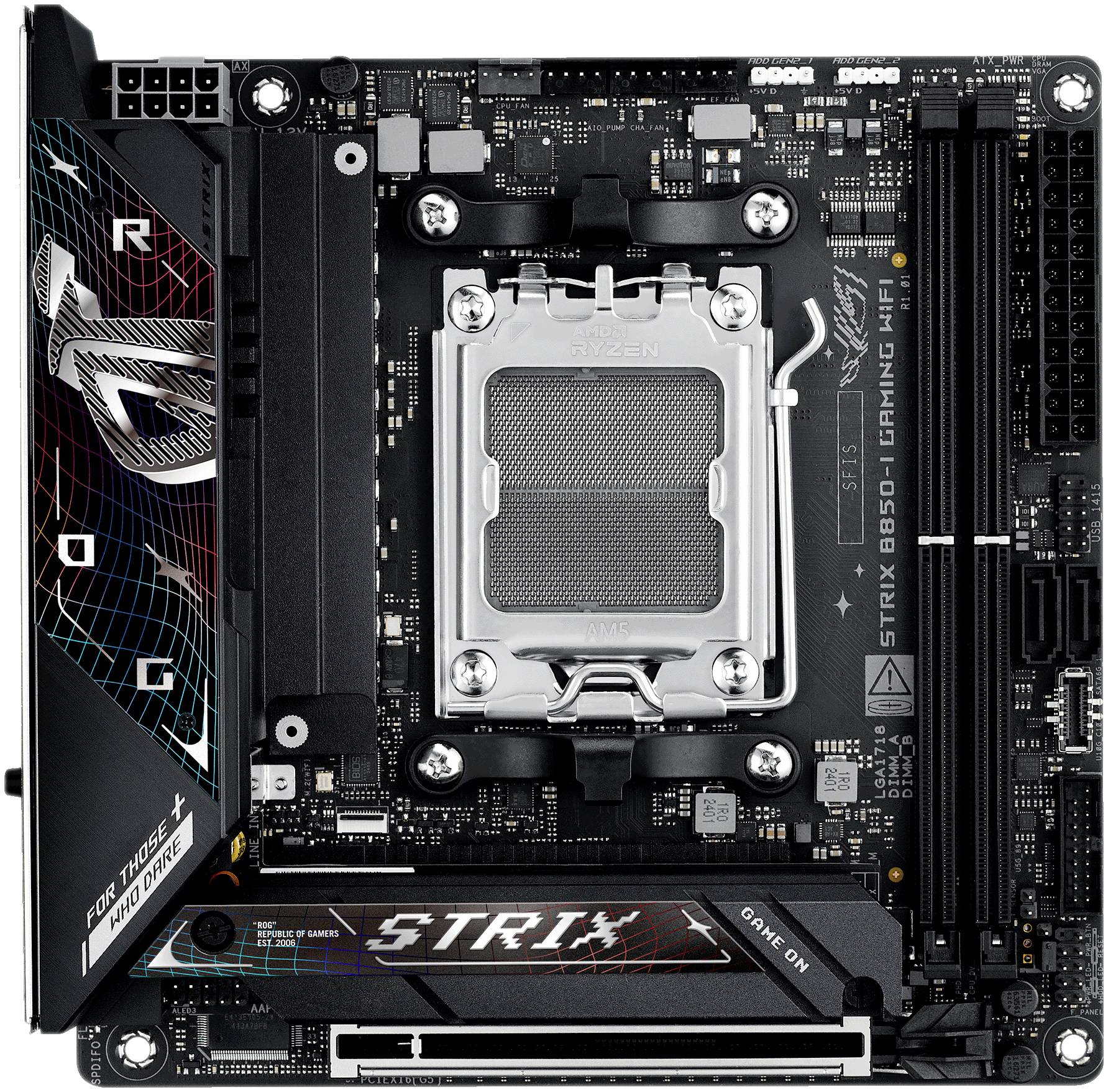 Matična plošča z oznako 'ROG Strix B550-I Gaming'. Vidni so procesorjev vtičnica in reže za RAM, obdani z priključki in elektronskimi vezji.