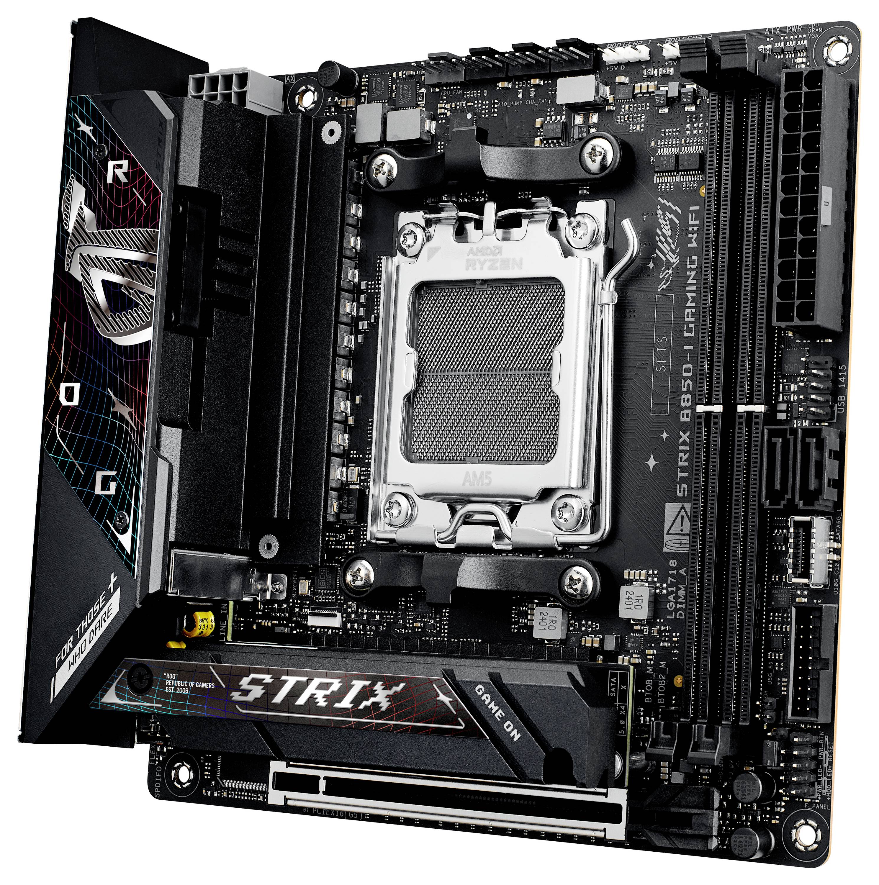 Gaming matična plošča znamke Strix, model B550-I, z AM4 vtičnico za AMD procesorje, PCIe režami in RGB osvetlitvijo.