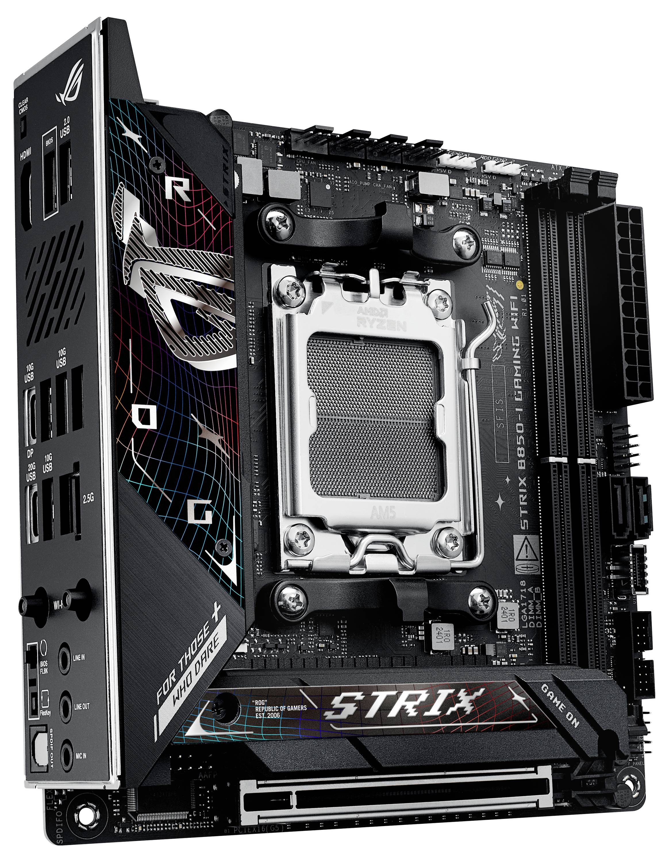 Matična plošča z logotipom ASUS, model 'ROG STRIX B550-I GAMING', prikazuje CPU vtičnico, priključke in reže za RAM na črnem dizajnu.