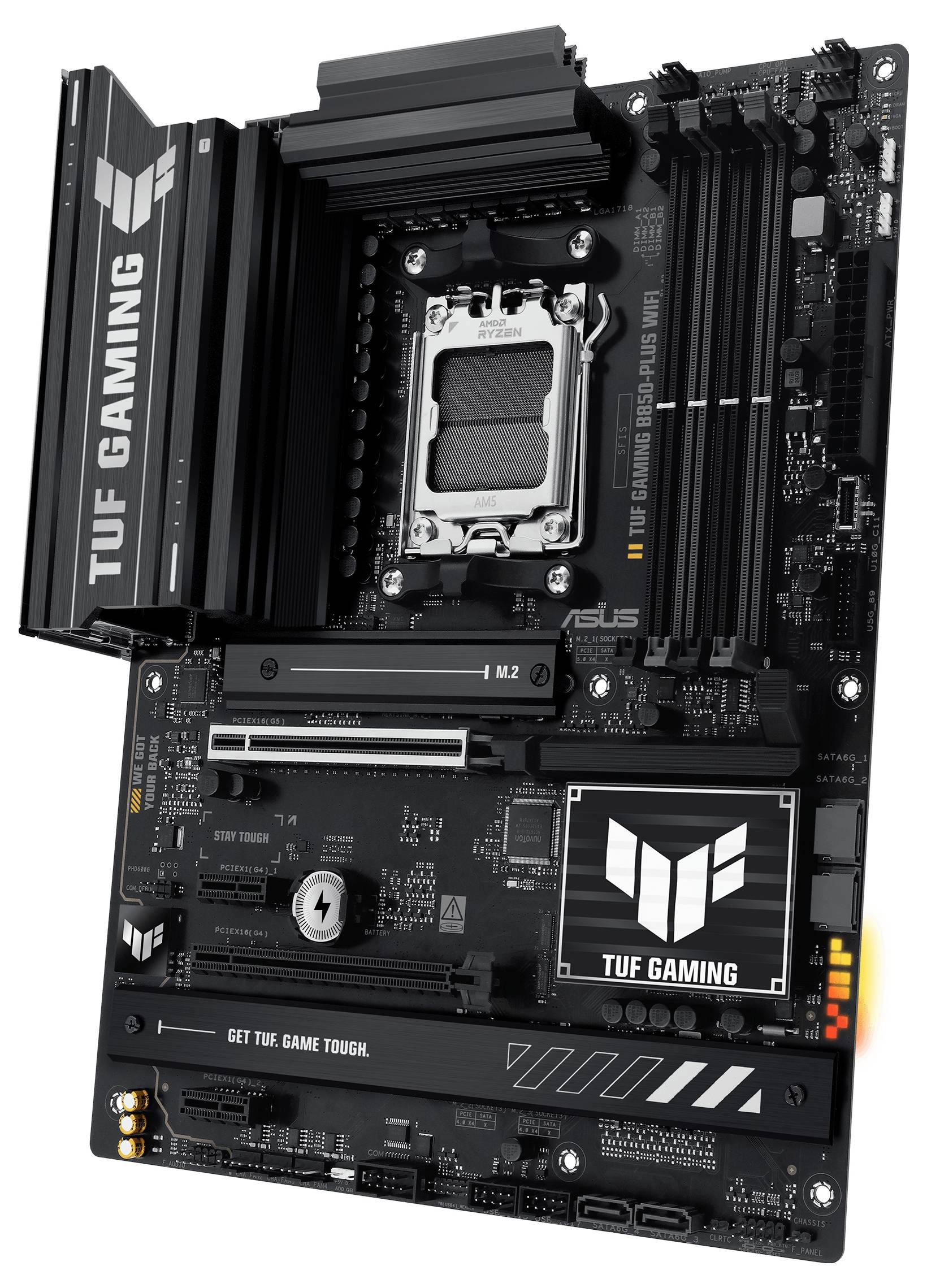 Črna gaming matična plošča z logotipom blagovne znamke in več priključki za PC komponente, ki ponuja robustno zmogljivost za igranje iger.