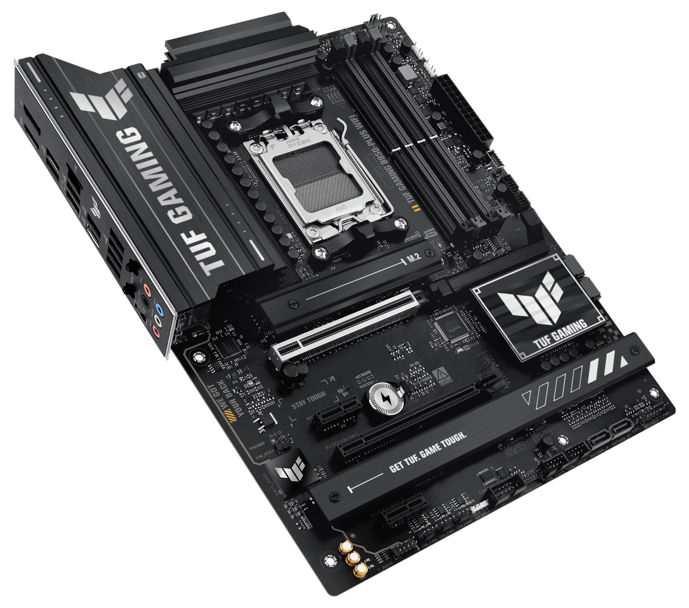 Matična plošča TUF Gaming. Ponuja več rež za RAM, PCIe reže in robustno strukturo hladilnika za visoko zmogljive komponente.