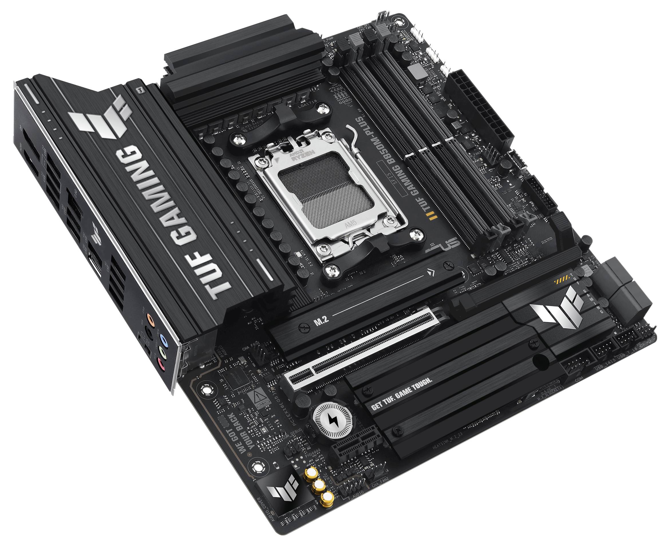 Črna matična plošča z logotipom 'TUF GAMING', dvema PCIe režama, štirimi RAM režami in več priključki.