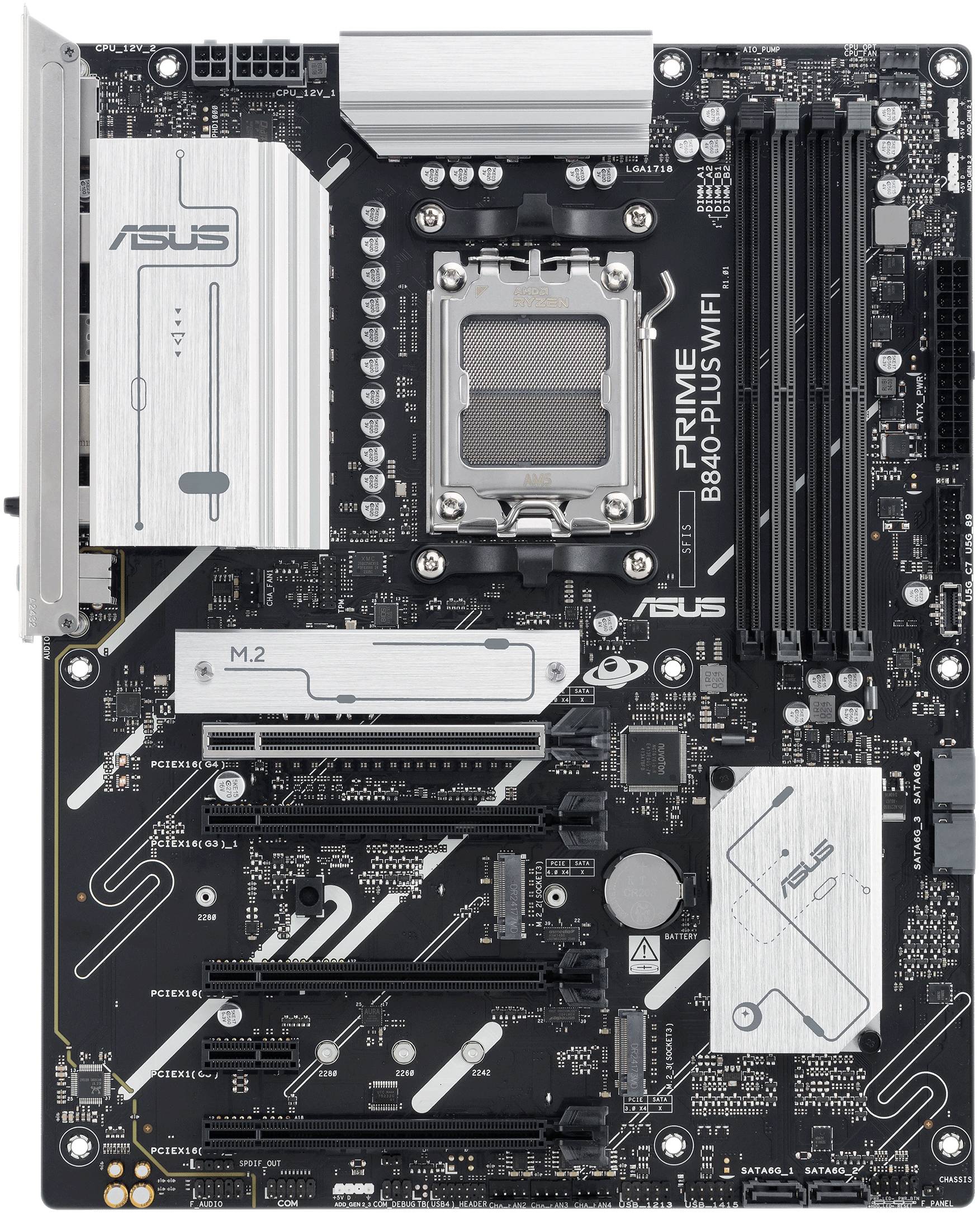 Matična plošča ASUS Prime B660-Plus WiFi z več PCIe režami, režami za RAM in M.2 režo za nadgradnje računalnika.