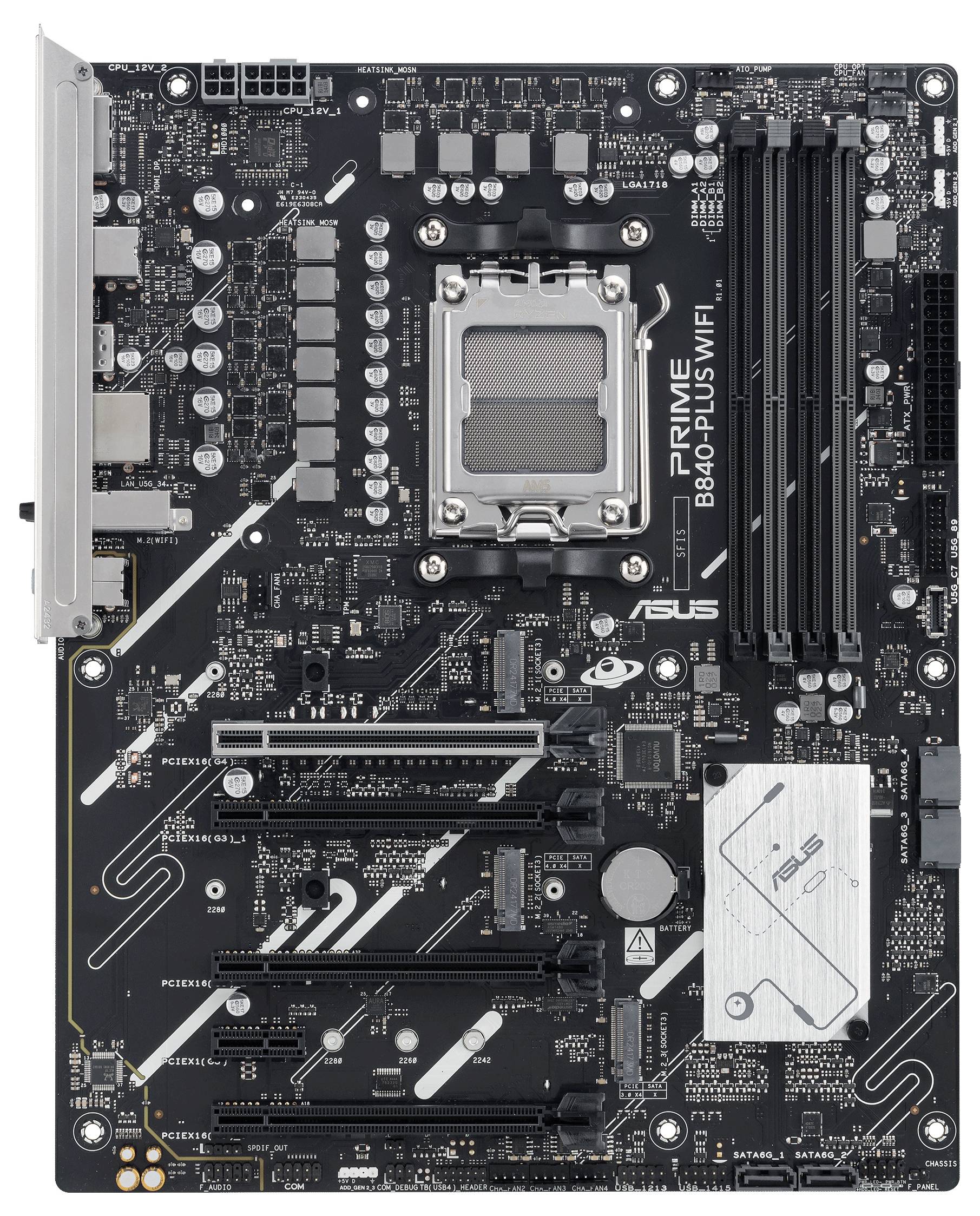 Slika prikazuje ASUS matično ploščo, model 'PRIME B660-PLUS WIFI'. Vidni so PCIe reže, pomnilniški (RAM) socket-i in hladilne komponente.