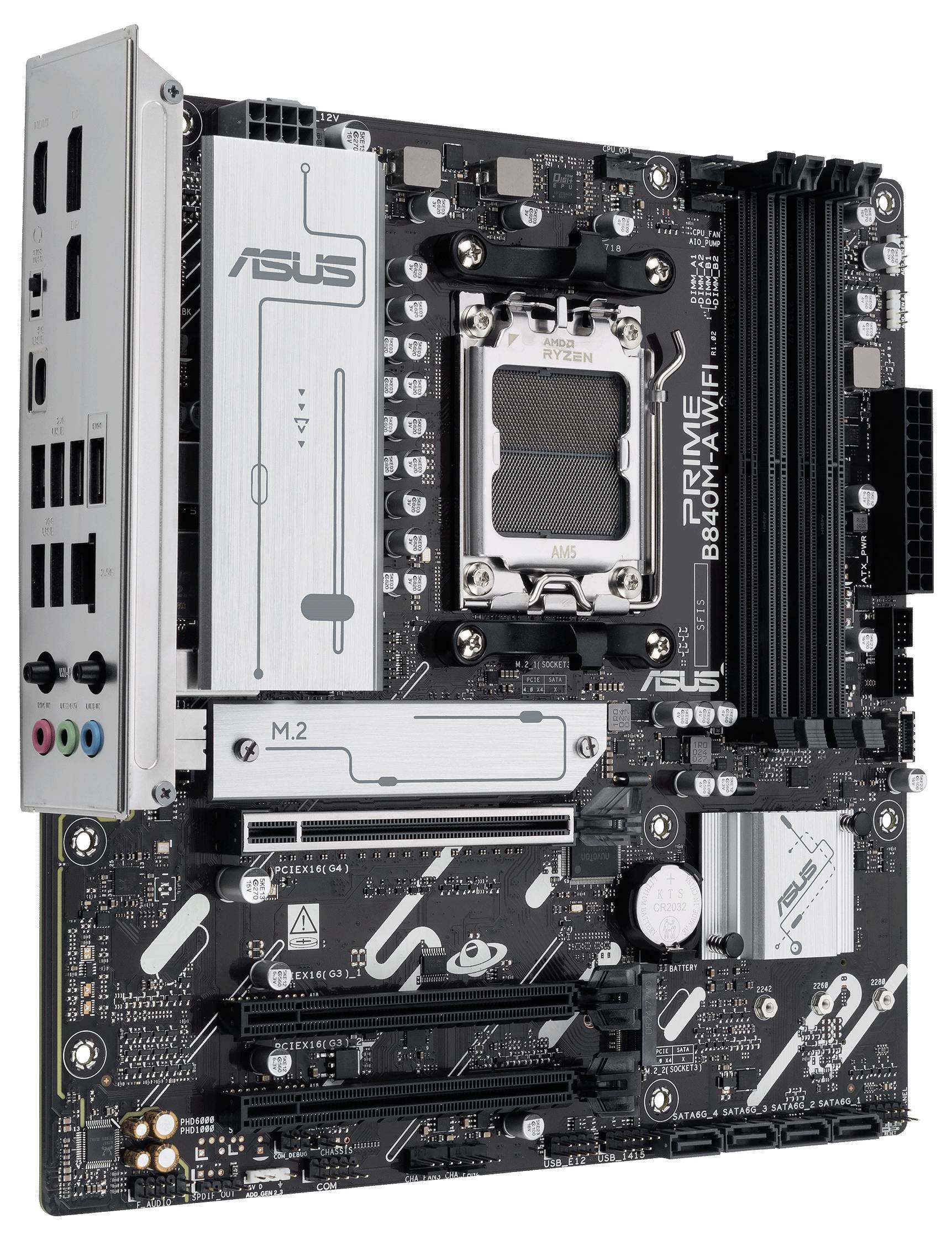 'ASUS Prime B660M-A WIFI matična plošča z več režami in priključki za komponente osebnega računalnika, srebrno-črn dizajn.'
