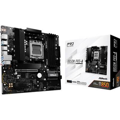 Matična plošča znamke ASRock B650M PRO-A z embalažo. Glavne značilnosti: vtičnica, reže za RAM in priključki jasno vidni. Primerna za AMD Ryzen.