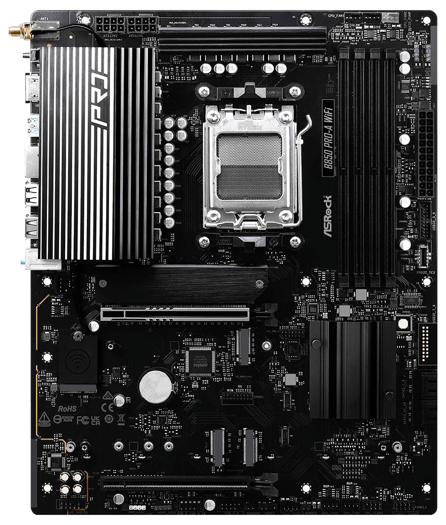 Matična plošča ASRock z Intel vtičnico LGA1200, razširitveni PCIe reži, reže za RAM in hladilnim sistemom, primerna za namizne računalnike.