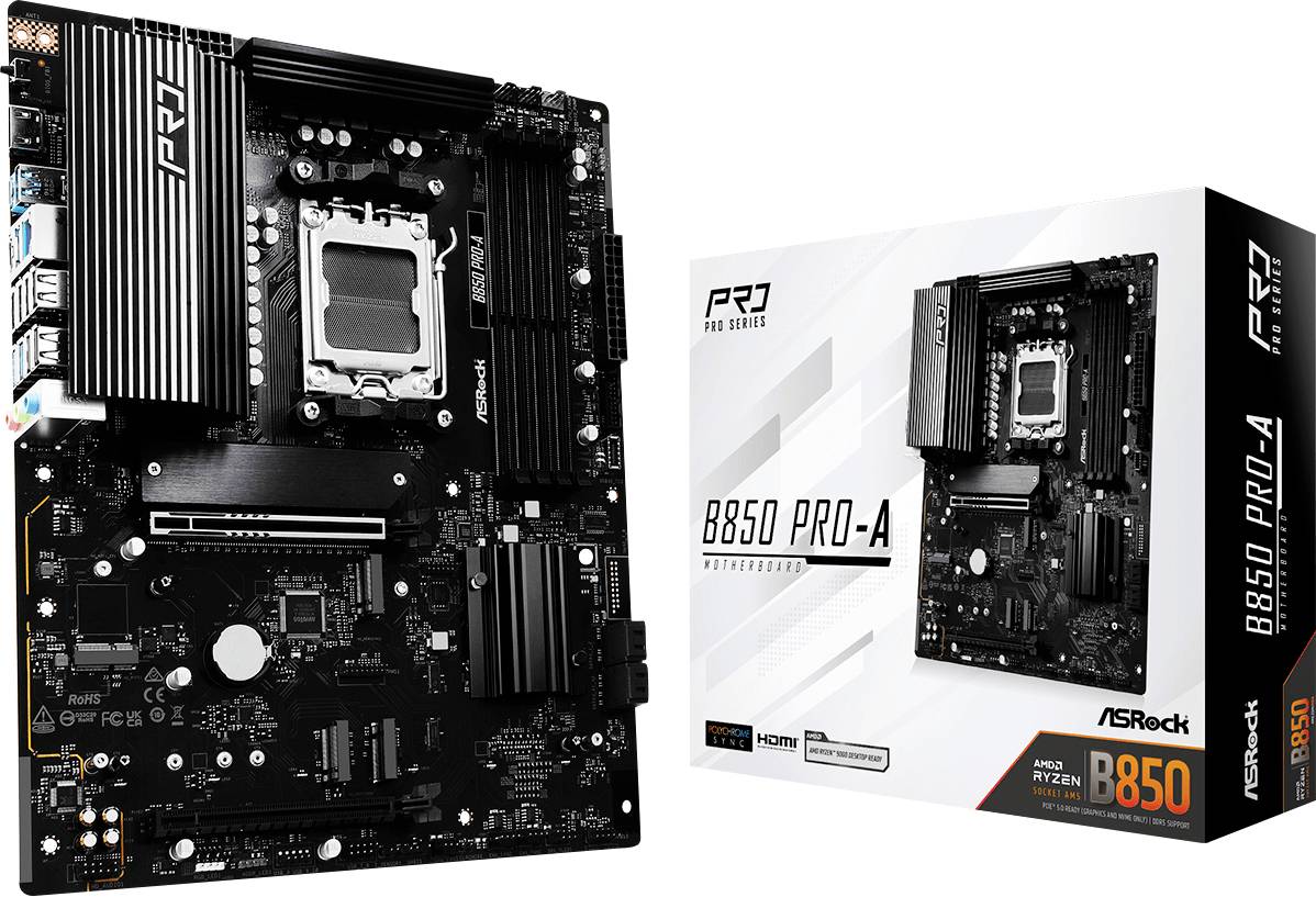 Matična plošča ASRock B650 Pro-A z embalažo. Podpira AMD Ryzen procesorje. Črna z več priključki in hladilnikom. Embalaža prikazuje specifikacije.