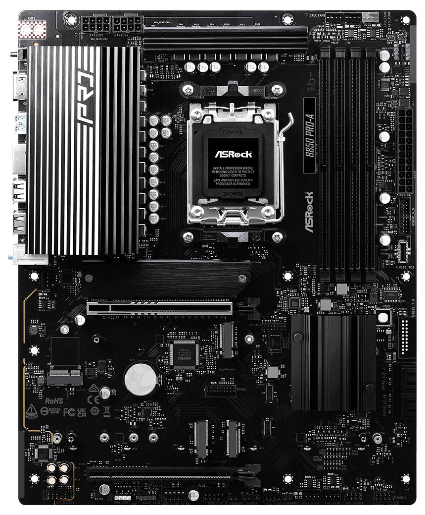'ASRock B650 PRO RS' matična plošča, prikazuje PCIe reže, pomnilniške reže in sistemski nabor. Glavni component v računalnikih za strojne priključke.