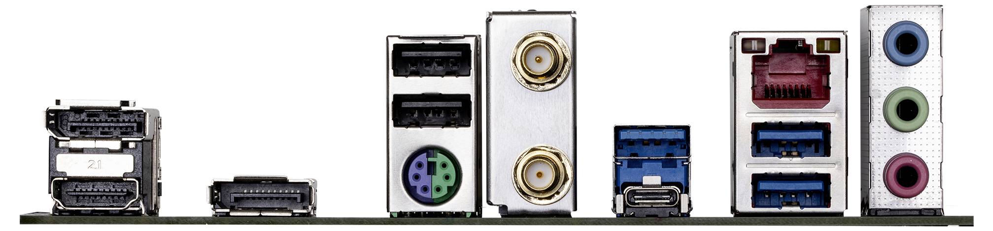 Zadnja stran računalniškega matičnega boards z različnimi priključki: HDMI, USB, LAN, avdio in PS/2.