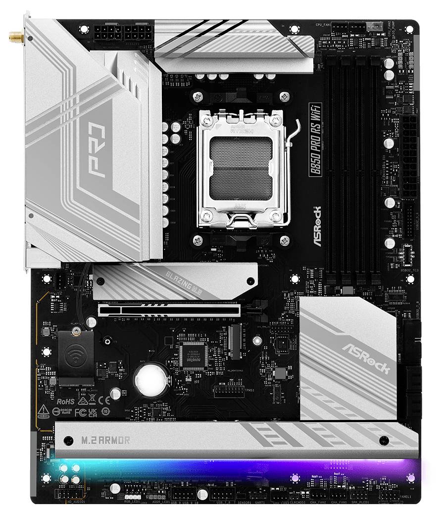 Pogled na računalniško matično ploščo s CPU vtičnico, režami za RAM in drugimi priključki. Glavne komponente so jasno vidne.