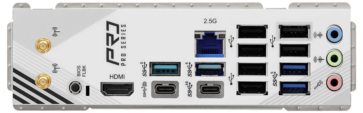 'Zadnja stran računalniškega matičnega boards z različnimi priključki: HDMI, USB-vhodi, 2,5G Ethernet in avdio vtičnice.'