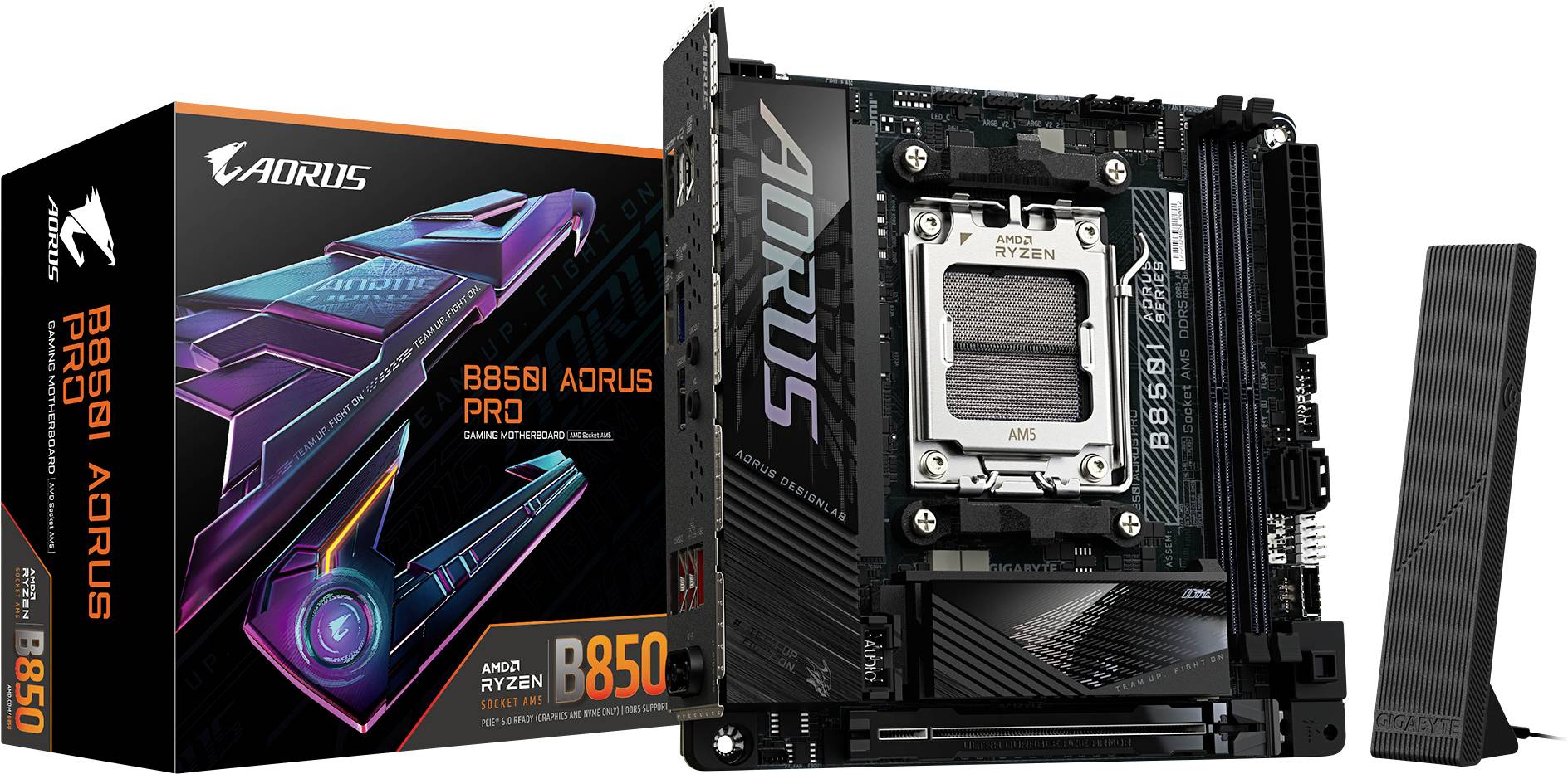 Matična plošča B650I AORUS PRO in njena embalaža, primerna za procesorje AMD Ryzen. Prikazuje podrobnosti matične plošče in njeno združljivost.