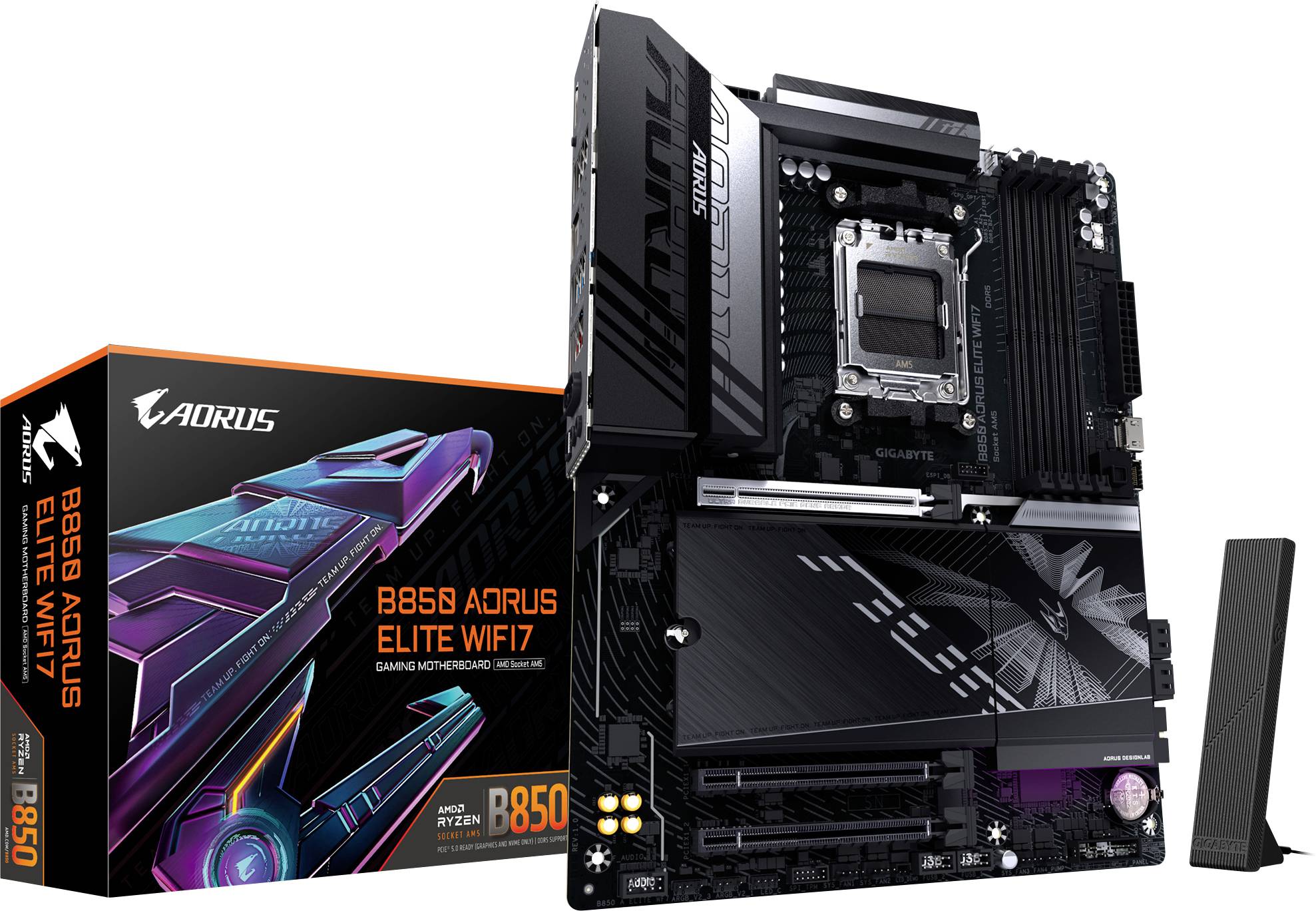 Matična plošča 'B650 AORUS ELITE WIFI7' poleg pripadajoče embalaže z barvnimi grafikami. Vsebuje moderne priključke.
