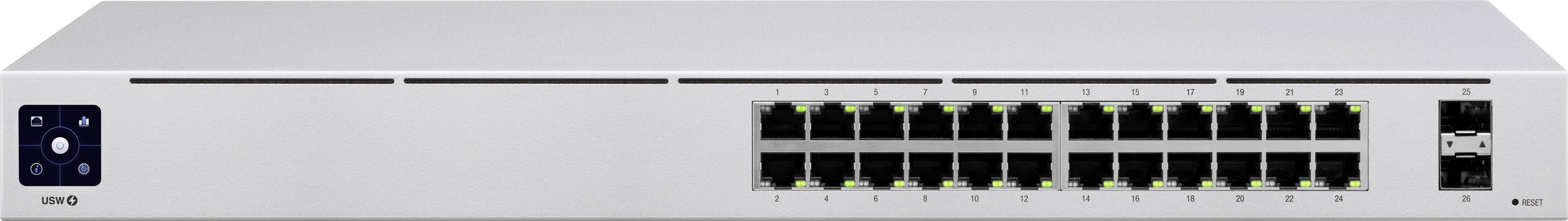Omrežno stikalo z 24 ethernet vrati in dodatnim priključkom na desni strani, primerno za povezovanje več naprav.