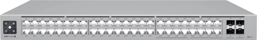 Omrežno stikalo z 48 ethernet vrati in 4 SFP vrati, primerno za velike omrežne infrastrukture.