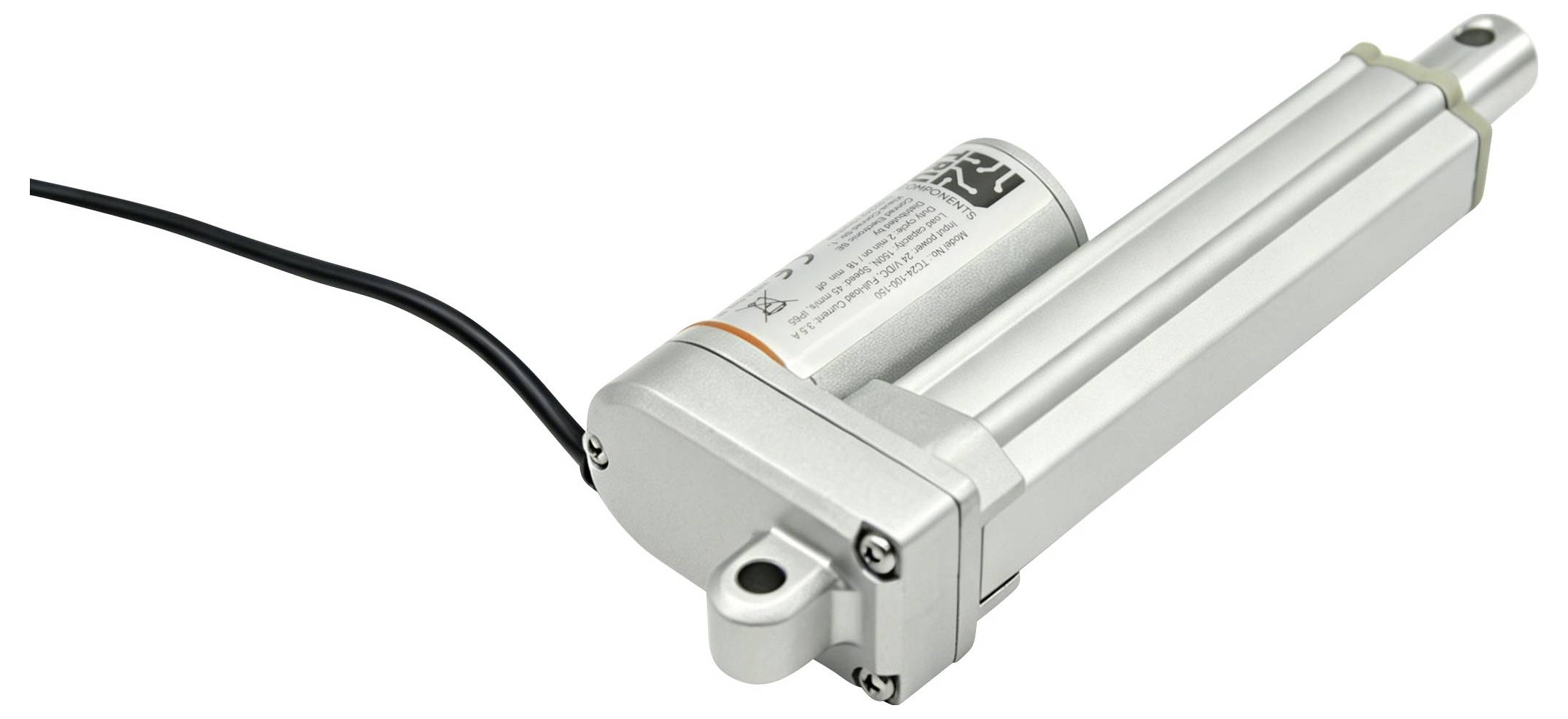 Srebrni električni linearni aktuator s priloženim napajalnim kablom in pritrdilnimi nosilci na beli podlagi.