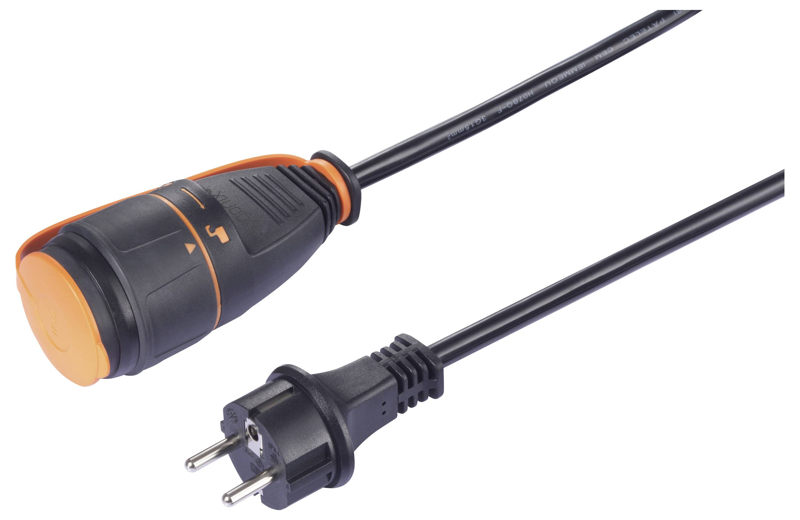 Črn električni kabel z moškim in ženskim priključkom. Moški priključek je črn, ženski del pa je oranžen.