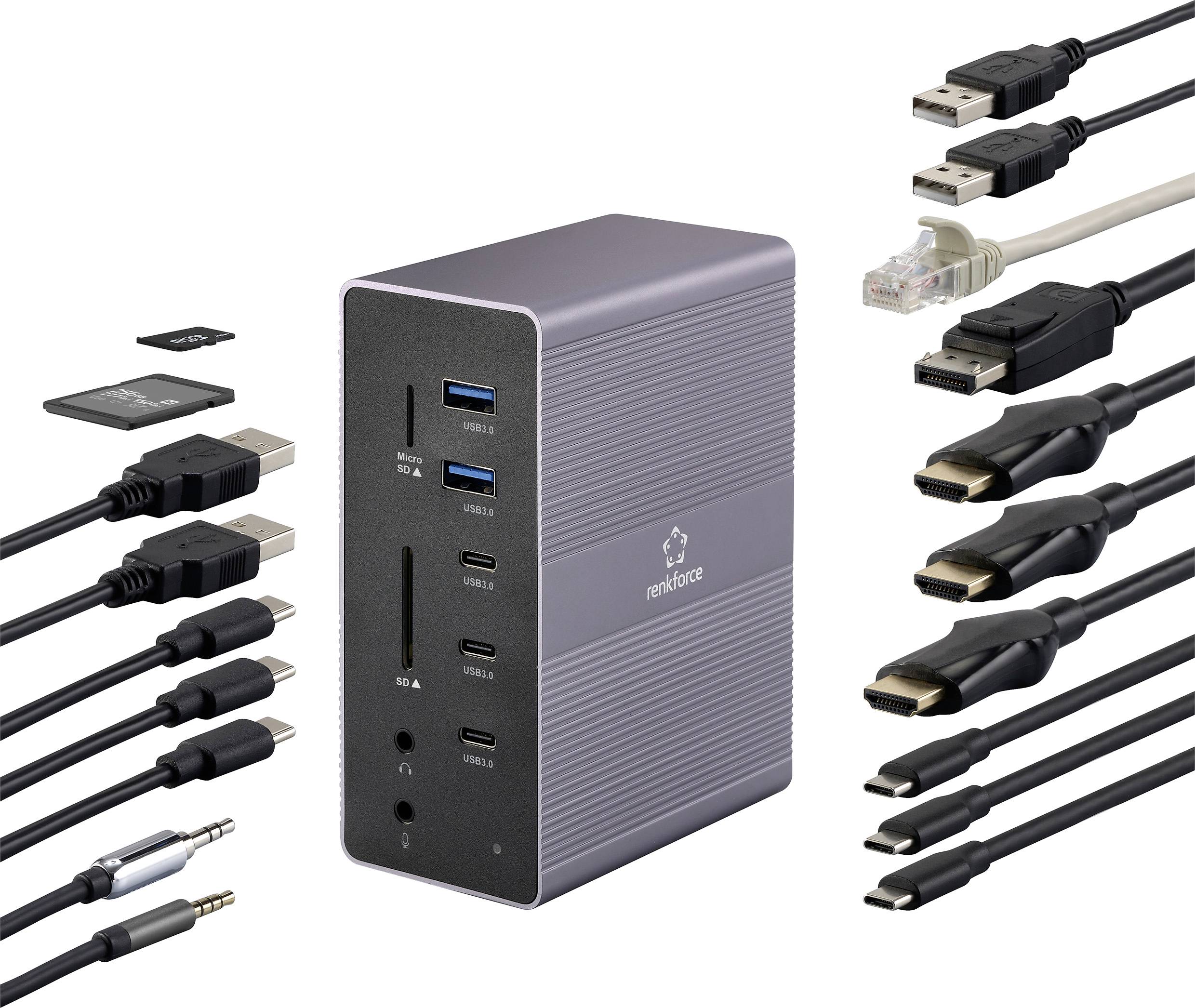 Sivo-črna dokovna postaja z različnimi priključki: USB, HDMI, Ethernet in bralnik kartic. Na sliki so prikazani kabli.