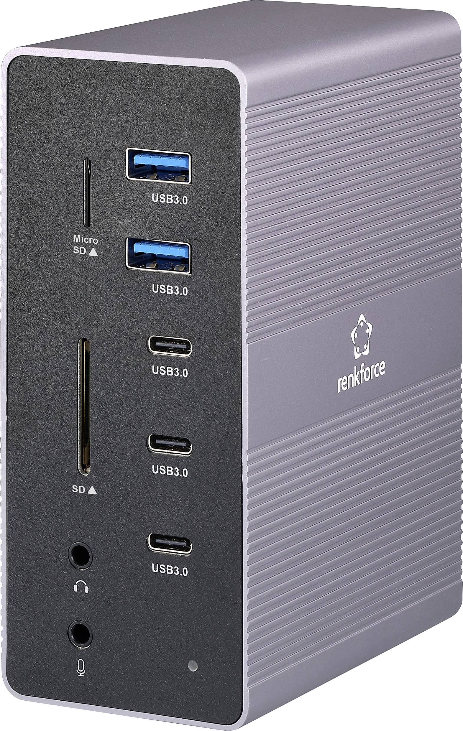 Siv adapter z različnimi priključki, vključno z USB 3.0, USB-C, SD-karticami in avdio priključkom. Blagovna znamka 'renkforce' je vidna.
